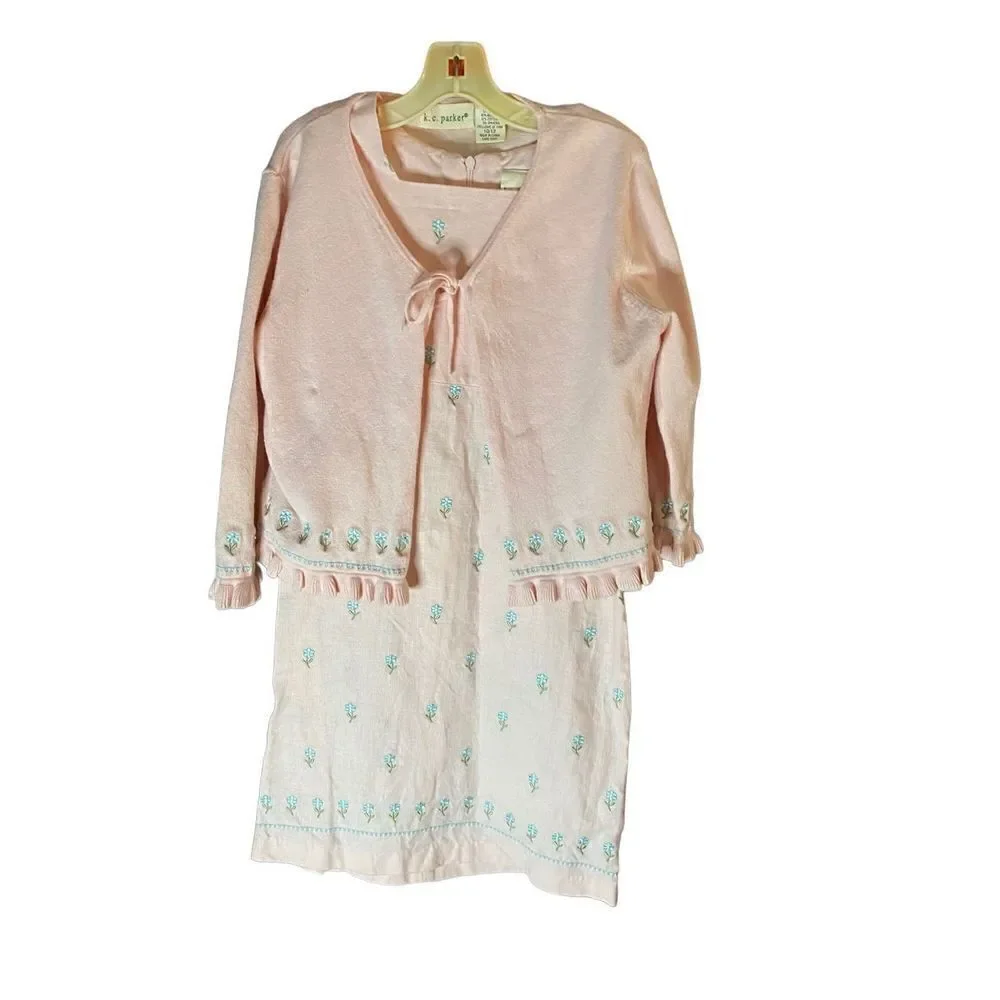 KC Parker girls linen blend pink floral embroidered dress and cardigan size 10